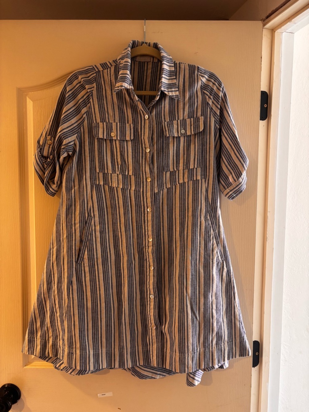 Striped Blue and Beige Button-Up Shirt dress